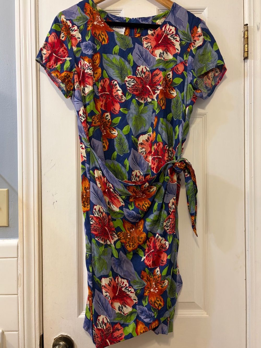 Vintage Betsy Lauren Vibrant Blue Tropical Floral Faux-Wrap Mini Dress Size 7-8